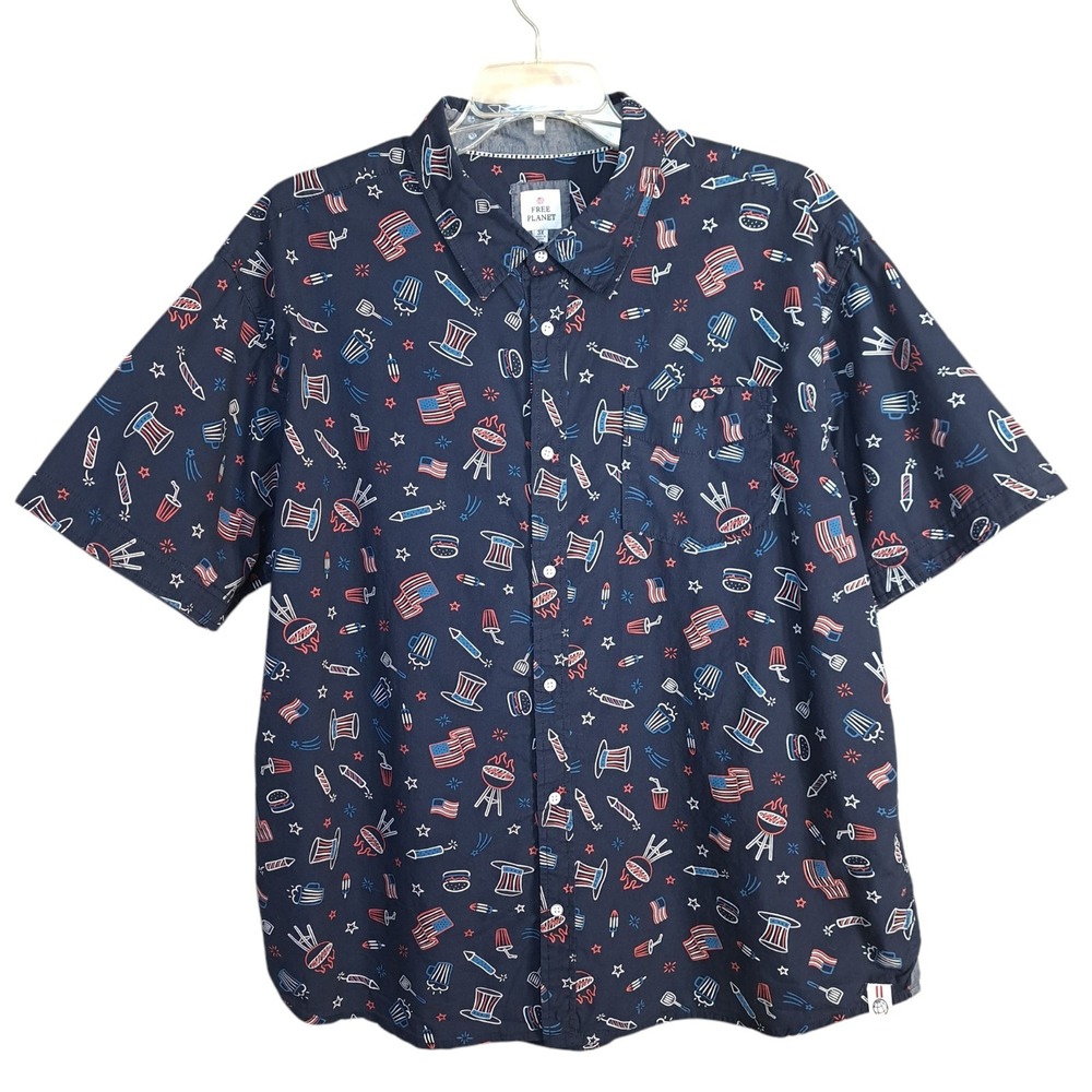 Free Planet Men's Short‎ Sleeve Button Down Shirt 3X USA Ptriotic 4th Of July
